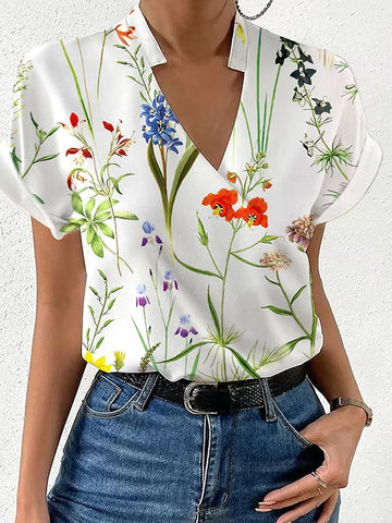 Floral Printed Split-Joint Loose Short Sleeves Stand Collar Blouses&Shirts Tops