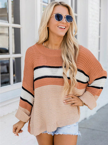 Casual Loose Contrast Color Striped Round-Neck Sweater Tops