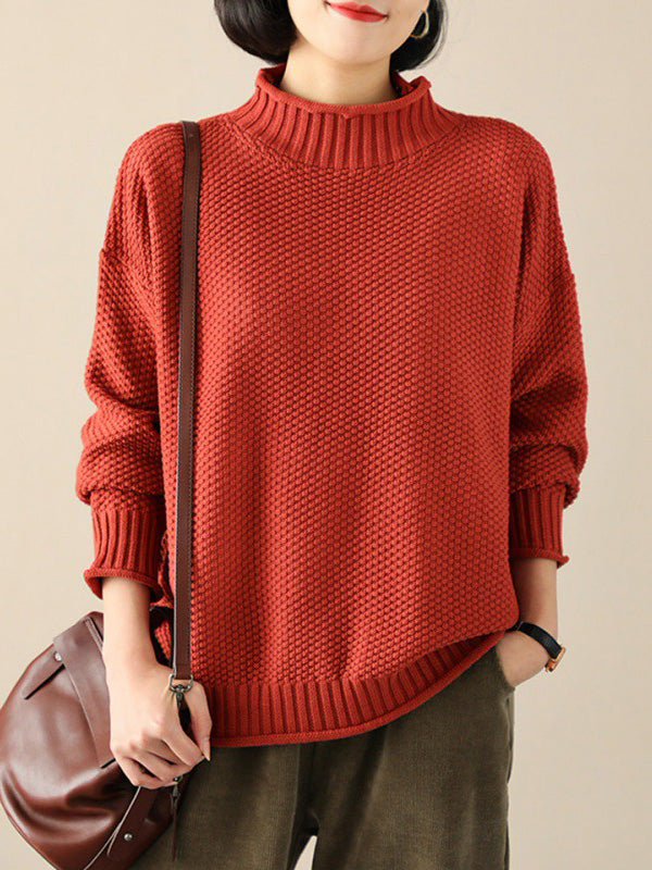 Casual Loose Long Sleeves Solid Color High-Neck Sweater Tops