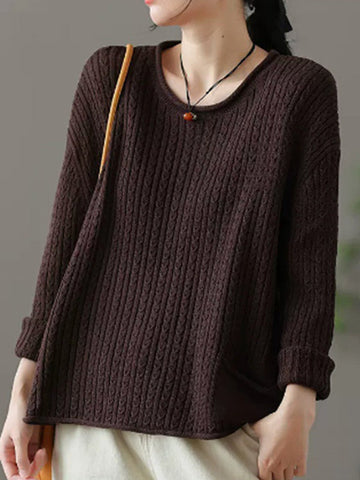 Artistic Retro Loose Long Sleeves Jacquard Solid Color Round-Neck Sweater Tops