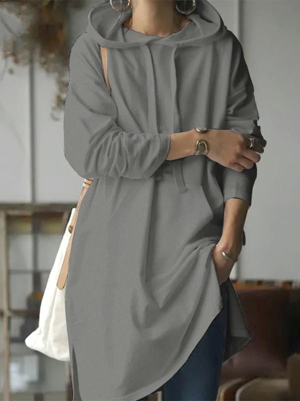 Urban Loose Drawstring Split-Side Solid Color Hoodies Top