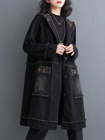 Floral Printed Fringed Split-Joint Loose Raglan Sleeve Hooded Trench Coats Outerwear