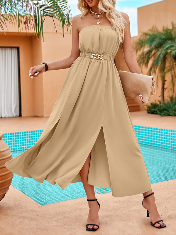 Chains Elasticity Pleated Split-Front A-Line Sleeveless Tube Midi Dresses