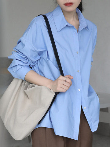 Buttoned Solid Color Long Sleeves Loose Lapel Blouses&Shirts Tops