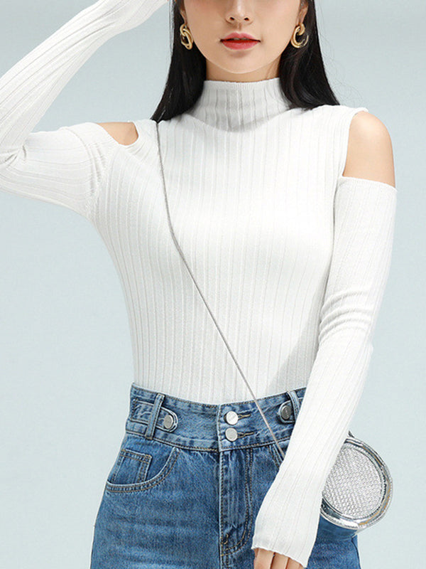 Hollow Solid Color Long Sleeves Skinny Mock Neck Sweater Tops Pullovers Knitwear