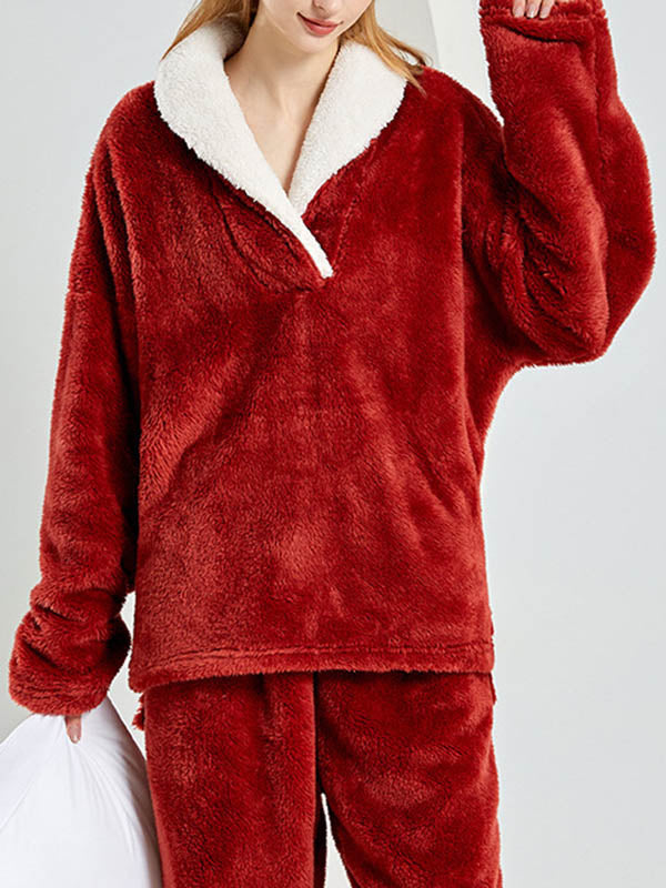 Coral Fleece Split-Joint V-Neck + Pants Pajama Two Pieces Set