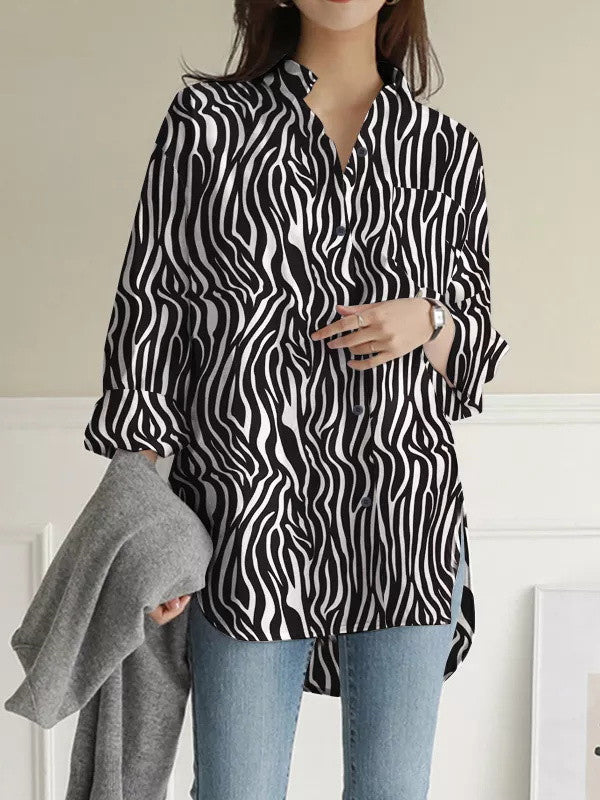 Buttoned Pockets Split-Side Zebra-Stripe High-Low Long Sleeves Lapel Blouses&Shirts Tops