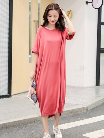 Simple Loose Half Sleeves Solid Color Round-Neck Pajamas Dress