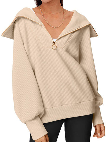 Solid Color Zipper Long Sleeves Loose Lapel Sweatshirt Tops