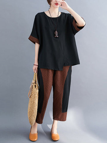 Plaid Split-Joint Asymmetric T-Shirt&Pants Suits