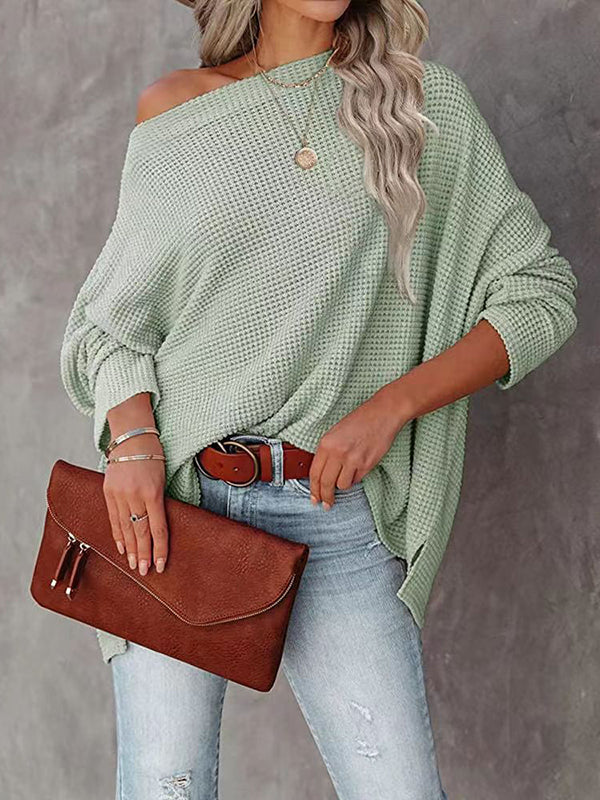 Solid Color Split-side Long Sleeves Loose Boat Neck T-shirts