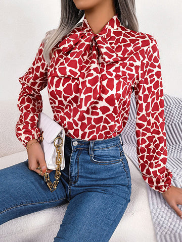 Bow-Embellished Elasticity Tied Bishop Sleeve Long Sleeves Mock Neck Blouses&Shirts Tops