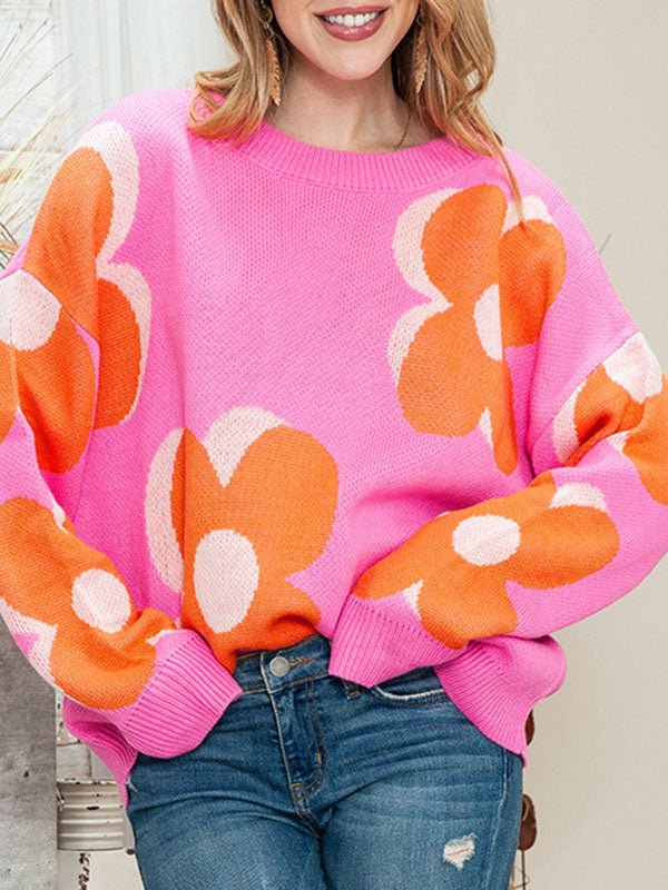 Knitted Flower Long Sleeves Loose Round-Neck Sweater Tops Pullovers