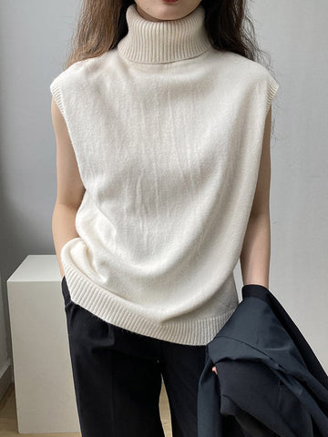 Simple Loose Solid Color High-Neck Knitting Vest Top