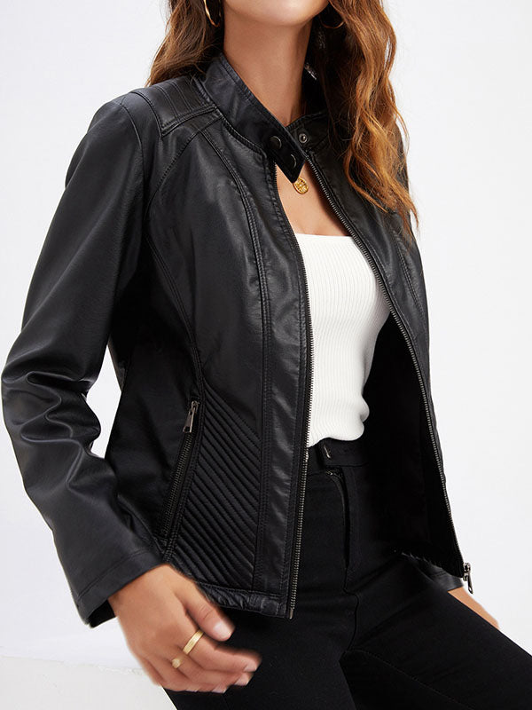 Buttoned Pockets Split-Joint Zipper Long Sleeves Plus Size Stand Collar Outerwear Jackets