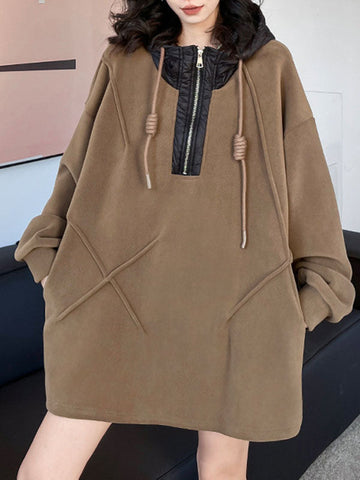 Buttoned Drawstring Split-Joint Velvet Hooded Long Sleeves Hoodies Tops