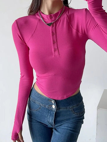 Solid Color Split-Joint Long Sleeves Skinny Round-Neck T-Shirts