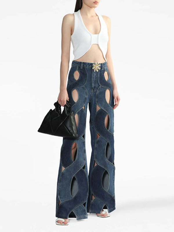 Flower Shape Hollow High Waisted Straight Leg Jean Pants Bottoms