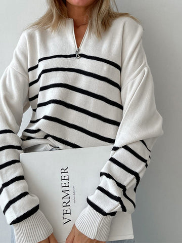 Urban Long Sleeves Loose Striped Round-Neck Sweater Tops