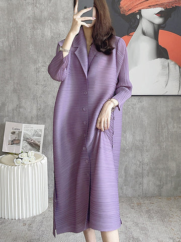 Fashion Solid Color Pleated Long Sleeves Shirt Dress Midi Dress