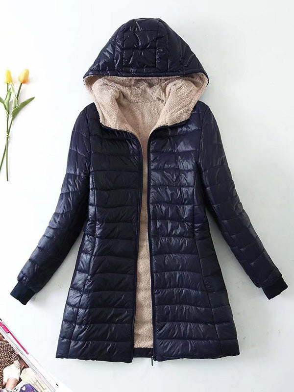 Long Sleeves Keep Warm Pockets Velvet Zipper Hooded Outerwear Padded Coat