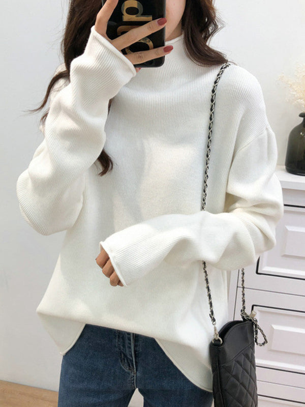 Casual Loose Long Sleeves Solid Color Half Turtleneck Sweater Tops