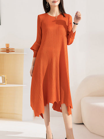 Pleated Solid Color Irregular clipping Loose Round-neck Midi Dresses