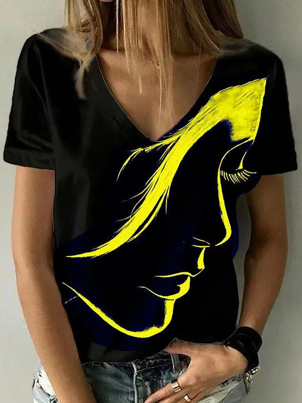 3 Colors Loose Simple Face Printed V-Neck T-Shirt