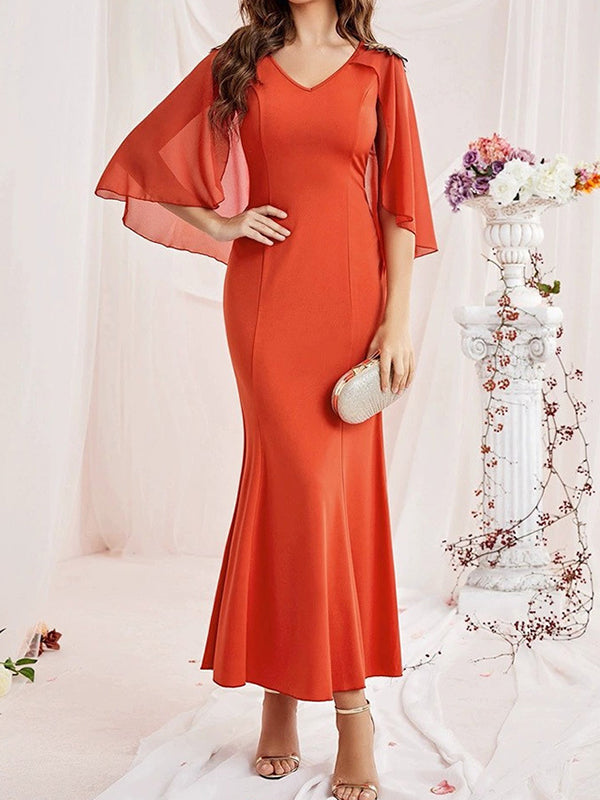 Gauze Solid Color Split-Joint Zipper Batwing Sleeves Bodycon V-Neck Maxi Dresses