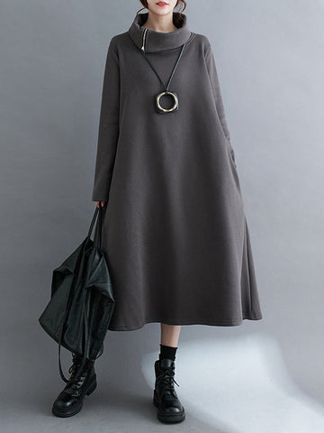 Asymmetric Solid Color Zipper A-Line Long Sleeves High Neck Midi Dresses