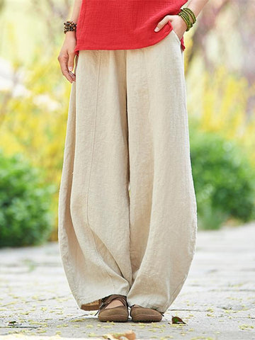 Beige&White Ramie Cotton Casual Linen Bloomers Pants