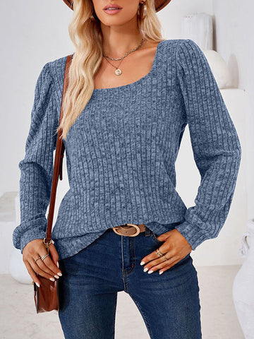 Solid Color Long Sleeves Loose Square-Neck T-Shirts Tops