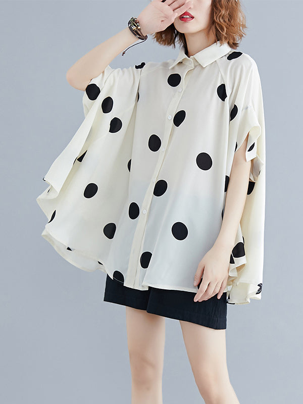 Polka-Dot Batwing Sleeves Loose Lapel Blouses&shirts Tops