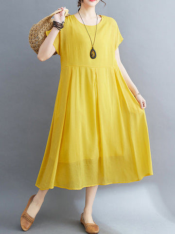 Solid Color Split-Joint Loose Short Sleeves Round-neck Midi Dresses