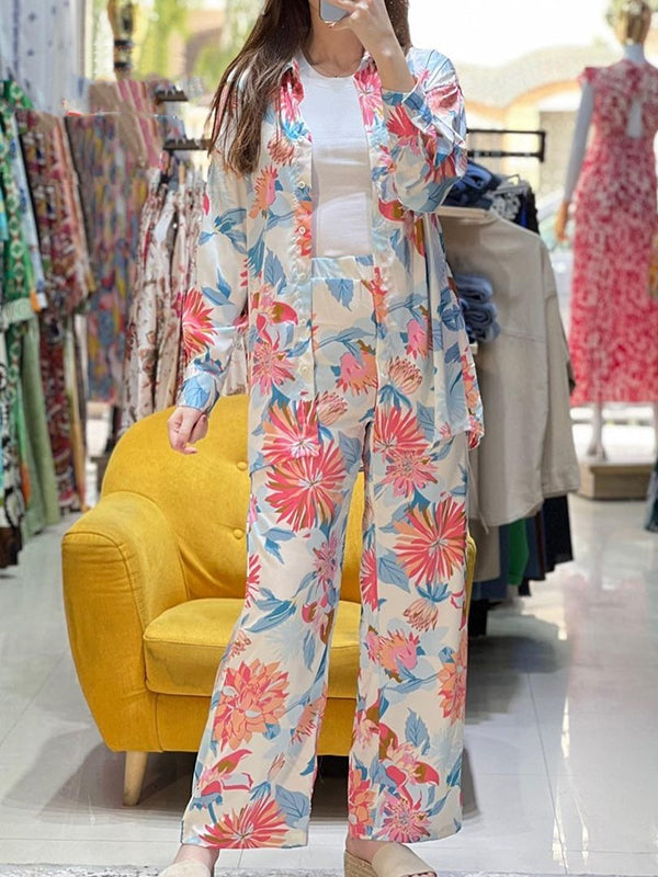 Lapel Long Sleeves Buttoned Flower Print Shirts Top +High Waisted Pants Bottom Two Pieces Set