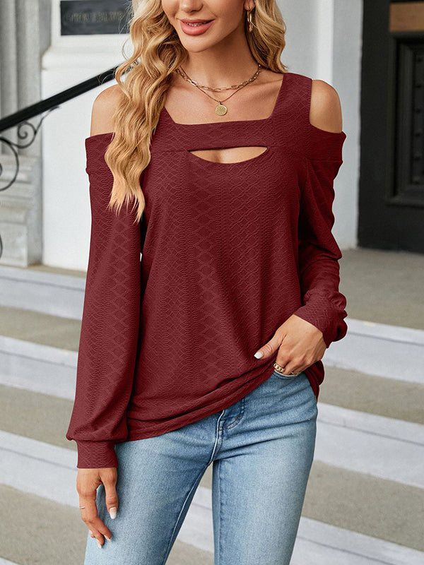 Hollow Jacquard Solid Color Long Sleeves Loose U-Neck T-Shirts Tops