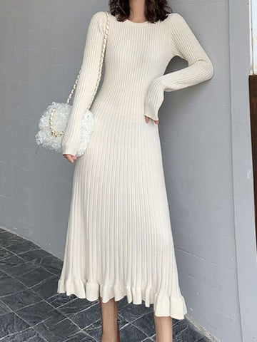 Ruffled Solid Color Long Sleeves Loose Round-Neck Sweater Dresses Midi Dresses