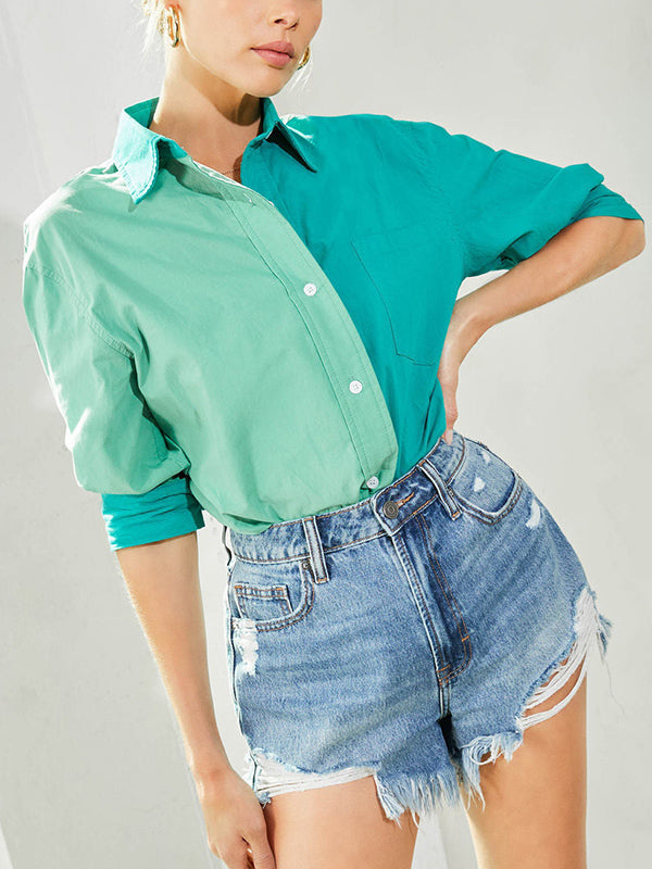 Buttoned Contrast Color Loose Wrap Lapel Blouses&Shirts Tops