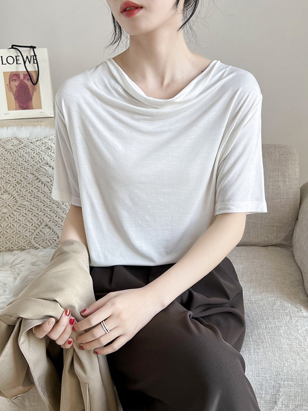 Pleated Solid Color Short Sleeves Heaps Collar T-Shirts Tops