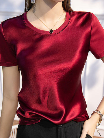 Solid Color Short Sleeves Round-neck T-Shirts Tops