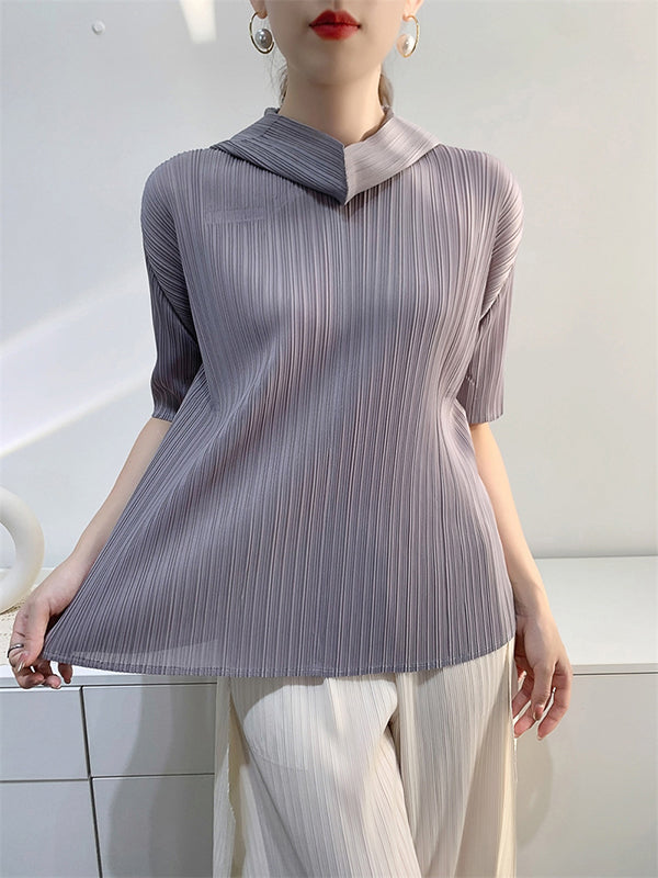 Pleated Solid Color Half Sleeves Hooded Mock Neck T-Shirts Tops