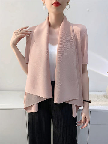 Pleated Solid Color Loose Short Sleeves Collarless Outerwear