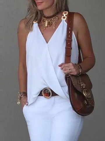 Solid Color Split-Joint Sleeveless V-Neck Vest Top