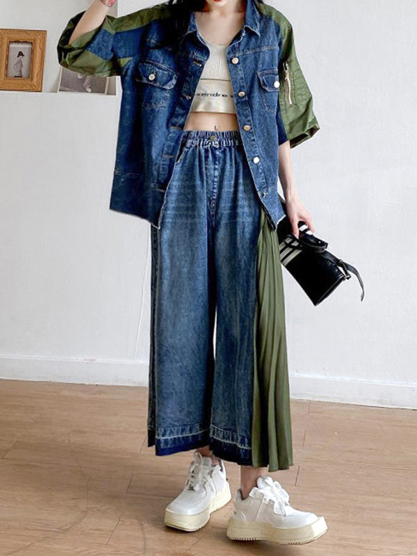 Contrast Color Pleated Split-Joint Loose Ninth Pants Jean Pants Bottoms