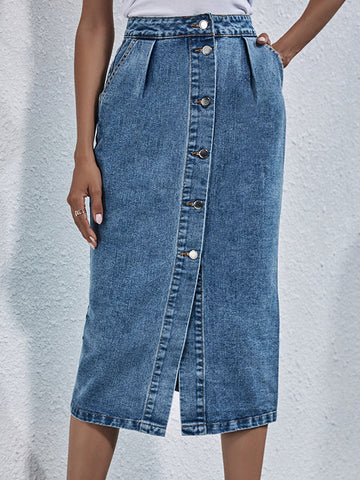 Pleated Split-Joint Loose Denim Skirts