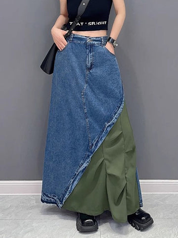 Asymmetric Contrast Color Elasticity Split-Joint A-Line Loose Denim Skirts Bottoms