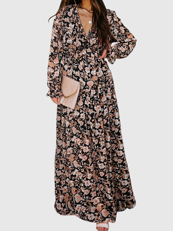 Flower Print Pleated Ruffled High Waisted Long Sleeves V-Neck Maxi Dresses