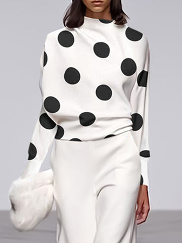 Long Sleeves Loose Polka Dot Stand Collar T-Shirts