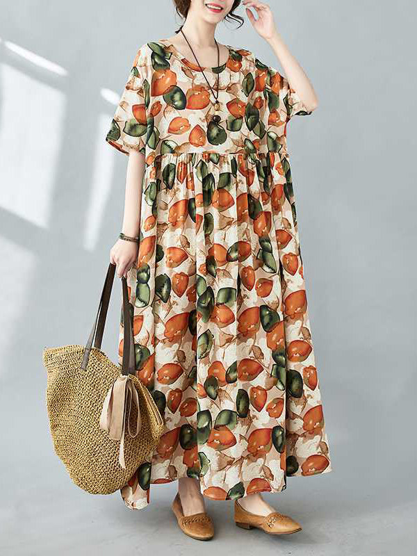 Pleated Printed Split-Joint Half Sleeves Roomy Round-Neck Midi Dresses