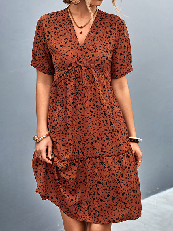 Flower Print Split-Joint Short Sleeves V-Neck Mini Dresses